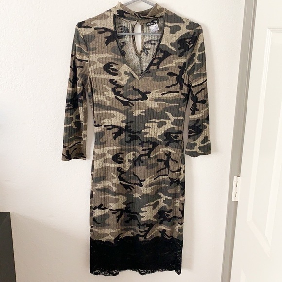 Venus Camo Front Cutout Mock Neck Bodycon Dress - Picture 1 of 9